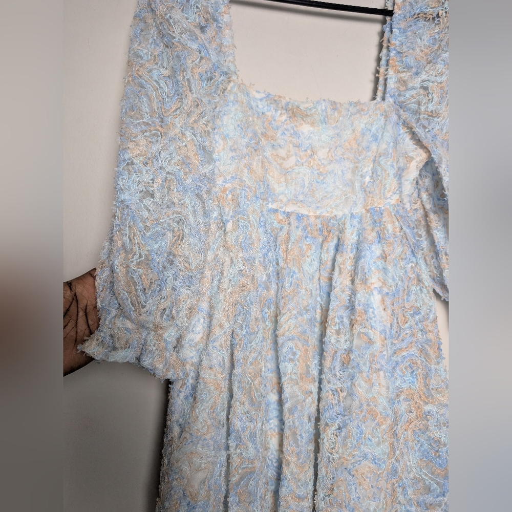 Storia Babydoll Dress Blue Tan Lacey Puff Sleeve Ruffle Square Neck Cottage Core - Picture 2 of 10